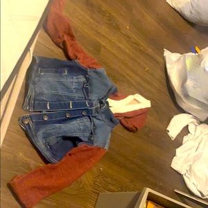 White and red hooded blue Jean jacket